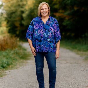 Jones New York Women 2X Multicolor Floral Polka Dot Flip Sleeve Button Up Artsy